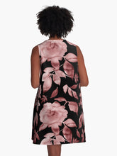 Load image into Gallery viewer, A-line or swing dress featuring original hand-painted watercolor painting by artist Elizabeth Becker. Minimal modern flowy summer tent dress with floral design. Soft muted maroon red on black background. Loose expressive botanical rose flowers and leaves.
