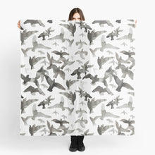 Load image into Gallery viewer, Scarf featuring original hand-painted watercolor painting by artist Elizabeth Becker. Black and white flying birds design.
