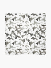 Load image into Gallery viewer, Scarf featuring original hand-painted watercolor painting by artist Elizabeth Becker. Black and white flying birds design.
