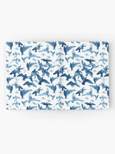 Load image into Gallery viewer, Hardcover journal featuring original hand-painted watercolor painting by artist Elizabeth Becker. Ruled line, graph or blank pages. Blue and white colors. Flying birds design.
