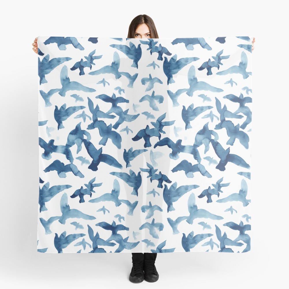Scarf featuring original hand-painted watercolor painting by artist Elizabeth Becker. Blue and white flying birds design.