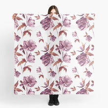 Load image into Gallery viewer, Scarf featuring original hand-painted watercolor painting by artist Elizabeth Becker. Mulberry purple, burnt sienna and white floral design. Botanical hellebore flowers and leaves.
