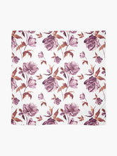 Load image into Gallery viewer, Scarf featuring original hand-painted watercolor painting by artist Elizabeth Becker. Mulberry purple, burnt sienna and white floral design. Botanical hellebore flowers and leaves.
