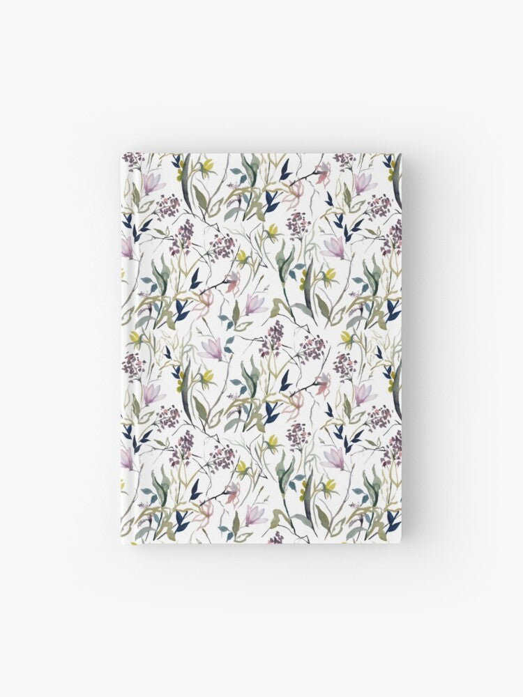 Hardcover journal featuring original hand-painted watercolor painting by artist Elizabeth Becker. Ruled line, graph or blank pages. Light pink, olive green, black and white colors. Floral wildflowers.