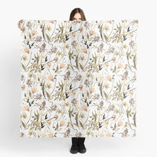 Load image into Gallery viewer, Scarf featuring original hand-painted watercolor painting by artist Elizabeth Becker. Peach, olive green and white floral design. Botanical flowers and leaves.
