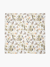 Load image into Gallery viewer, Scarf featuring original hand-painted watercolor painting by artist Elizabeth Becker. Peach, olive green and white floral design. Botanical flowers and leaves.
