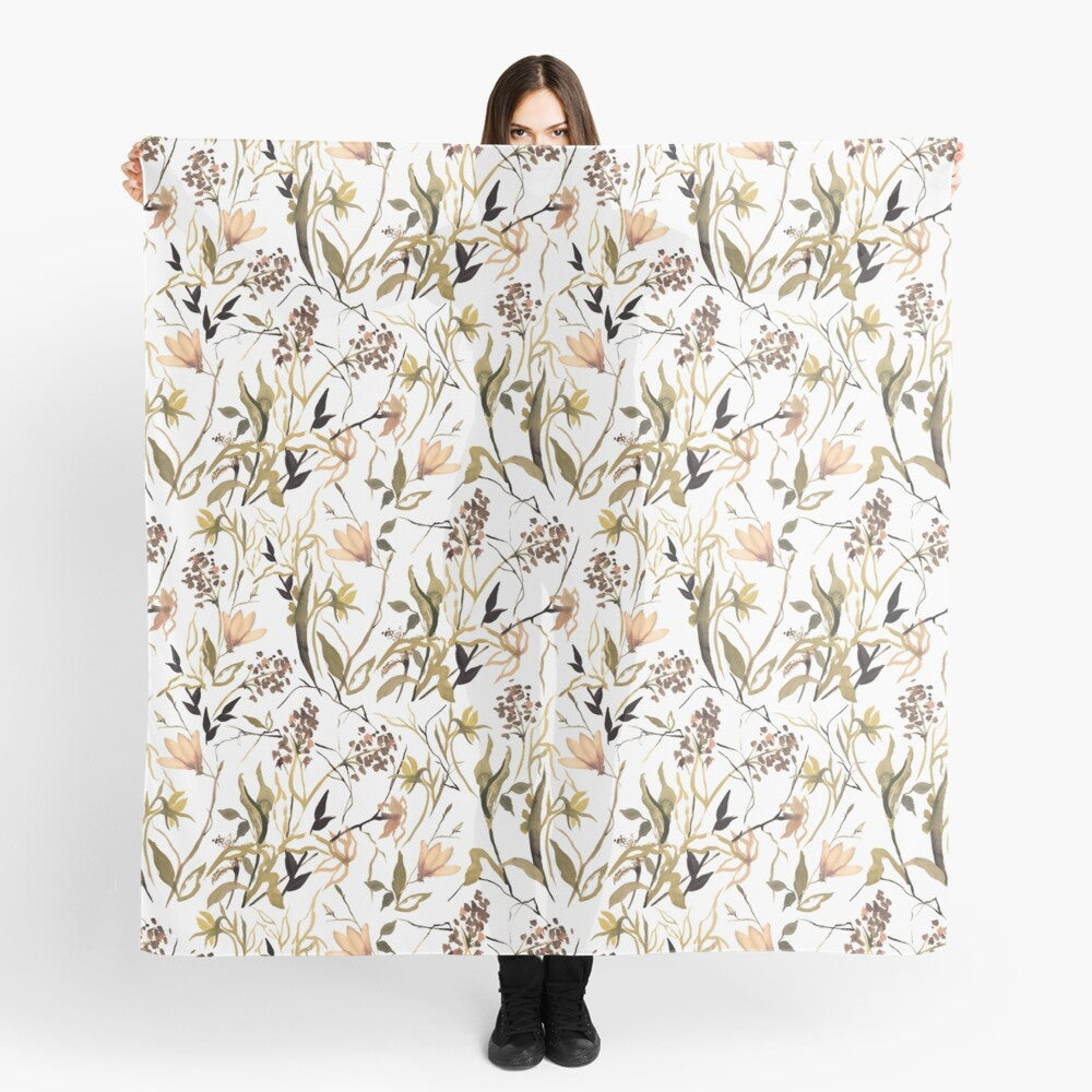 Scarf featuring original hand-painted watercolor painting by artist Elizabeth Becker. Peach, olive green and white floral design. Botanical flowers and leaves.