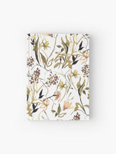 Load image into Gallery viewer, Hardcover journal featuring original hand-painted watercolor painting by artist Elizabeth Becker. Ruled line, graph or blank pages. Peach, olive green, black and white colors. Floral wildflowers.
