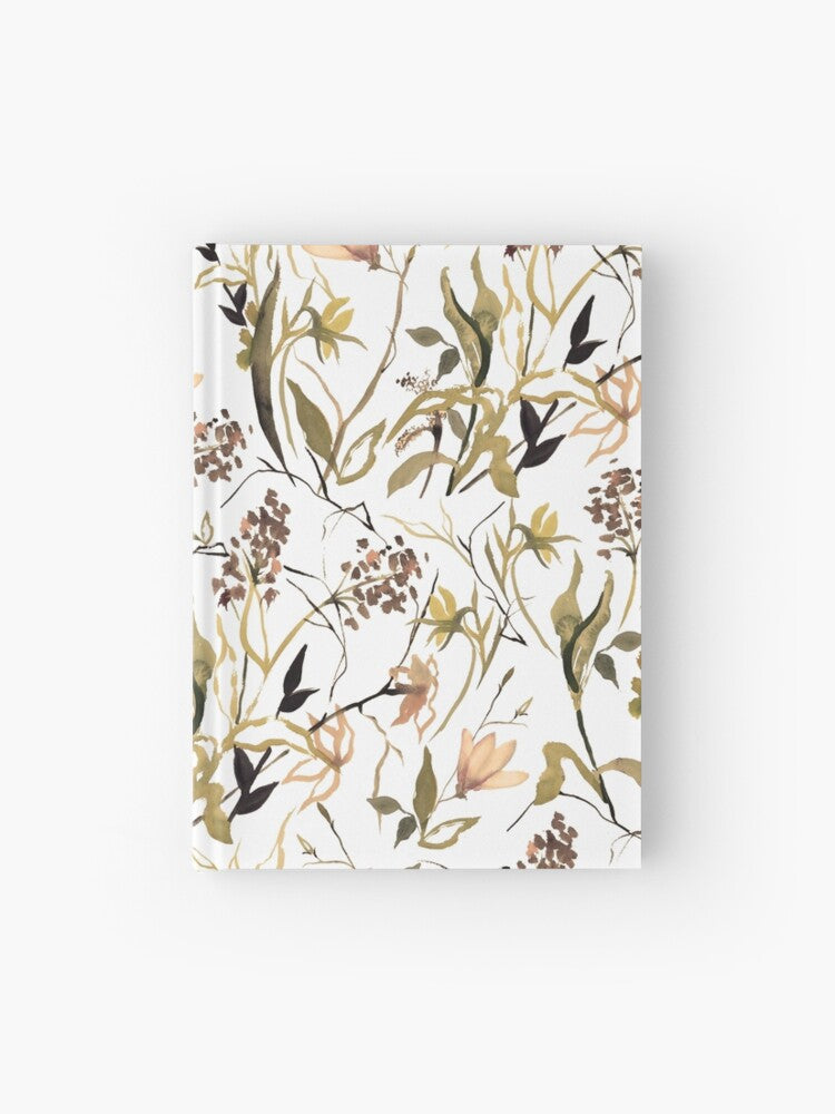 Hardcover journal featuring original hand-painted watercolor painting by artist Elizabeth Becker. Ruled line, graph or blank pages. Peach, olive green, black and white colors. Floral wildflowers.