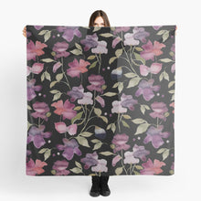 Load image into Gallery viewer, Scarf featuring original hand-painted watercolor painting by artist Elizabeth Becker. Soft mauve purple, red, olive green floral design on black background. Botanical rose flowers and leaves.
