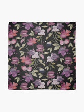 Load image into Gallery viewer, Scarf featuring original hand-painted watercolor painting by artist Elizabeth Becker. Soft mauve purple, red, olive green floral design on black background. Botanical rose flowers and leaves.
