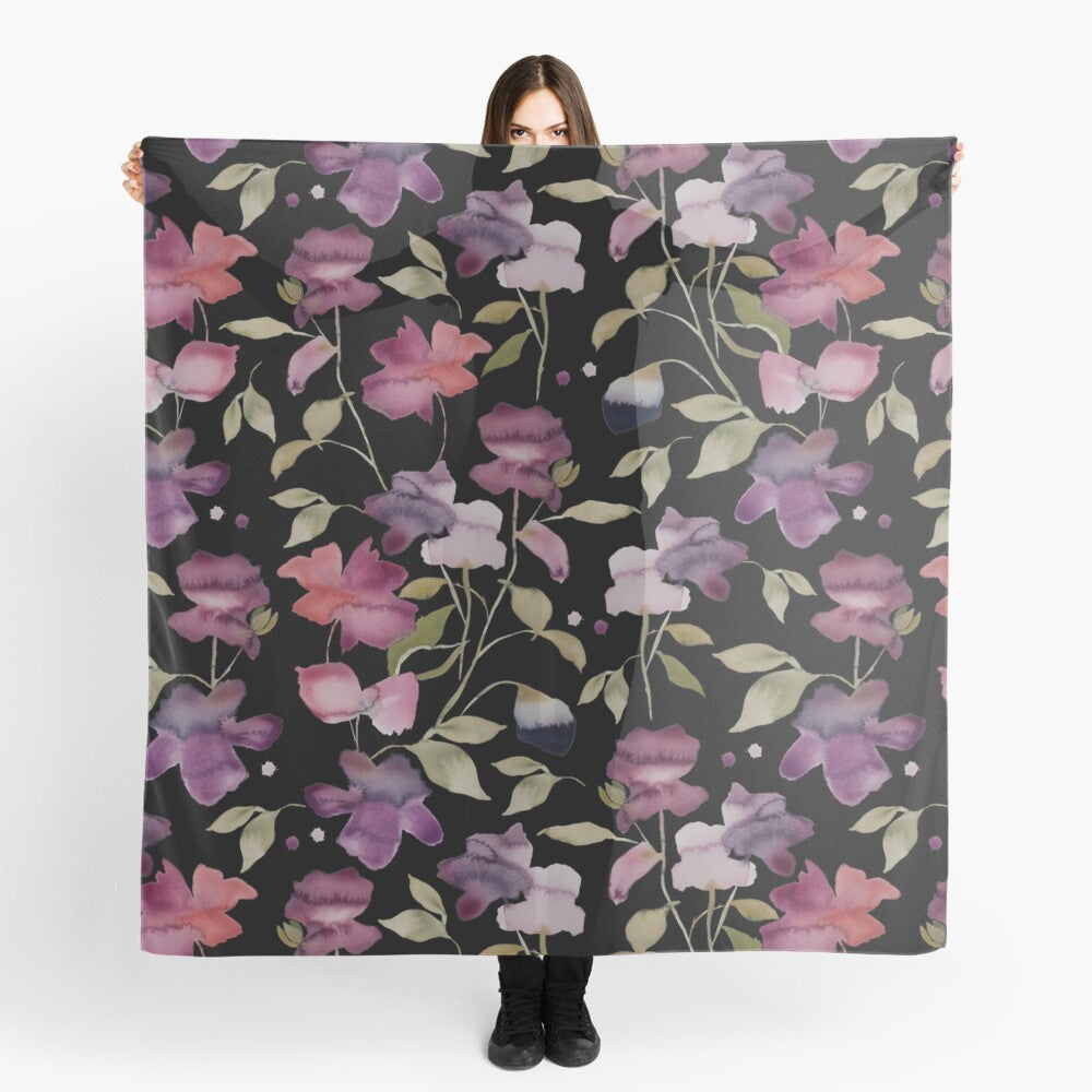 Scarf featuring original hand-painted watercolor painting by artist Elizabeth Becker. Soft mauve purple, red, olive green floral design on black background. Botanical rose flowers and leaves.