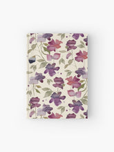 Load image into Gallery viewer, Hardcover journal featuring original hand-painted watercolor painting by artist Elizabeth Becker. Ruled line, graph or blank pages. Purple, pink, red and pale green on cream background. Abstract floral. Flowers and leaves.
