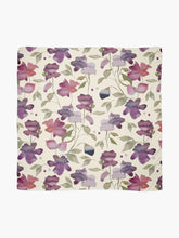 Load image into Gallery viewer, Scarf featuring original hand-painted watercolor painting by artist Elizabeth Becker. Soft mauve purple, red, olive green and cream floral design. Botanical rose flowers and leaves.
