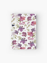 Load image into Gallery viewer, Hardcover journal featuring original hand-painted watercolor painting by artist Elizabeth Becker. Ruled line, graph or blank pages. Purple, pink, red, pale green and white colors. Abstract floral. Flowers and leaves.
