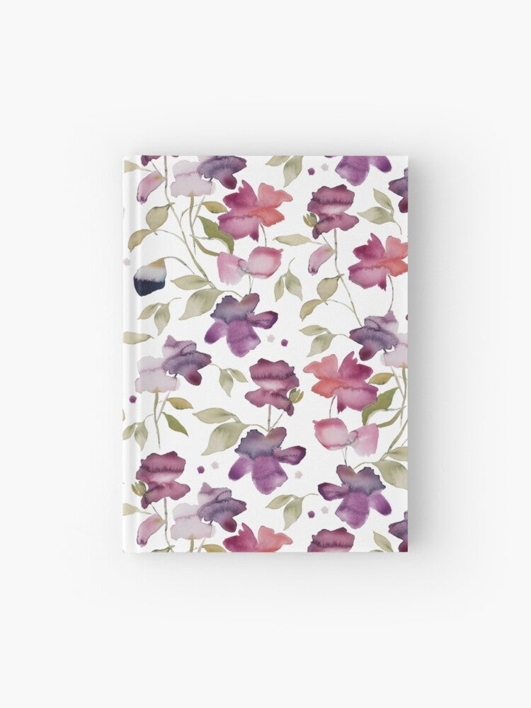 Hardcover journal featuring original hand-painted watercolor painting by artist Elizabeth Becker. Ruled line, graph or blank pages. Purple, pink, red, pale green and white colors. Abstract floral. Flowers and leaves.