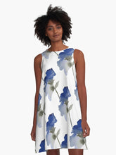 Load image into Gallery viewer, A-line or swing dress featuring original hand-painted watercolor painting by artist Elizabeth Becker. Minimal modern flowy summer tent dress with floral design. Monochromatic soft blue, gray and white colors. Loose expressive botanical flowers.
