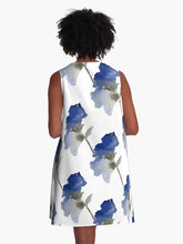 Load image into Gallery viewer, A-line or swing dress featuring original hand-painted watercolor painting by artist Elizabeth Becker. Minimal modern flowy summer tent dress with floral design. Monochromatic soft blue, gray and white colors. Loose expressive botanical flowers.
