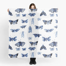 Load image into Gallery viewer, Scarf featuring original hand-painted watercolor painting by artist Elizabeth Becker. Blue and white moth or butterfly design. Vintage insects pattern.
