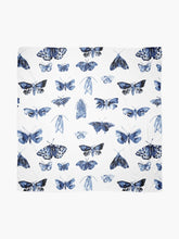 Load image into Gallery viewer, Scarf featuring original hand-painted watercolor painting by artist Elizabeth Becker. Blue and white moth or butterfly design. Vintage insects pattern.
