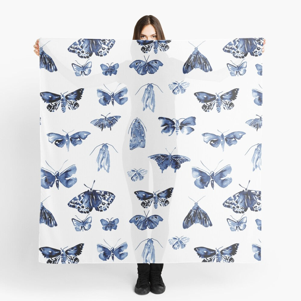 Scarf featuring original hand-painted watercolor painting by artist Elizabeth Becker. Blue and white moth or butterfly design. Vintage insects pattern.