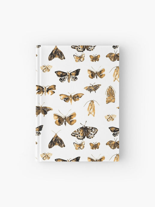 Hardcover journal featuring original hand-painted watercolor painting by artist Elizabeth Becker. Ruled line, graph or blank pages. Sepia, black and white colors. Vintage moth or butterfly pattern. Insects design. 