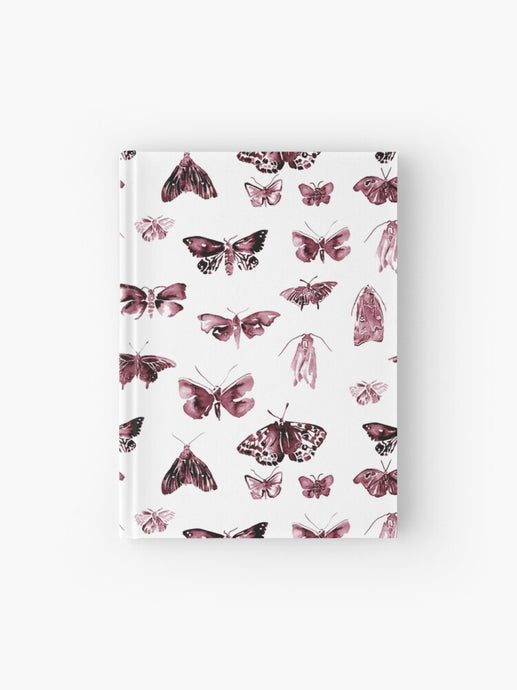 Hardcover journal featuring original hand-painted watercolor painting by artist Elizabeth Becker. Ruled line, graph or blank pages. Burgundy, maroon red and white colors. Vintage moth or butterfly pattern. Insects design. 