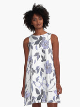 Load image into Gallery viewer, A-line or swing dress featuring original hand-painted watercolor painting by artist Elizabeth Becker. Flowy summer tent dress with floral design. Monochromatic soft lavender purple, gray and white colors. Botanical wild rose flowers and leaves.
