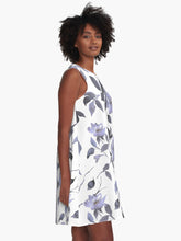 Load image into Gallery viewer, A-line or swing dress featuring original hand-painted watercolor painting by artist Elizabeth Becker. Flowy summer tent dress with floral design. Monochromatic soft lavender purple, gray and white colors. Botanical wild rose flowers and leaves.
