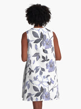 Load image into Gallery viewer, A-line or swing dress featuring original hand-painted watercolor painting by artist Elizabeth Becker. Flowy summer tent dress with floral design. Monochromatic soft lavender purple, gray and white colors. Botanical wild rose flowers and leaves.
