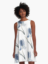 Load image into Gallery viewer, A-line or swing dress featuring original hand-painted watercolor painting by artist Elizabeth Becker. Minimal modern flowy summer tent dress with floral design. Soft blue, muted green and white colors. Loose expressive botanical iris flowers.
