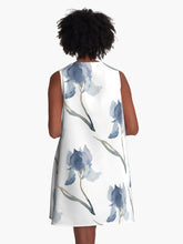 Load image into Gallery viewer, A-line or swing dress featuring original hand-painted watercolor painting by artist Elizabeth Becker. Minimal modern flowy summer tent dress with floral design. Soft blue, muted green and white colors. Loose expressive botanical iris flowers.
