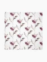 Load image into Gallery viewer, Scarf featuring original hand-painted watercolor painting by artist Elizabeth Becker. Soft burgundy, gray and white colors. Botanical flowers and leaves.
