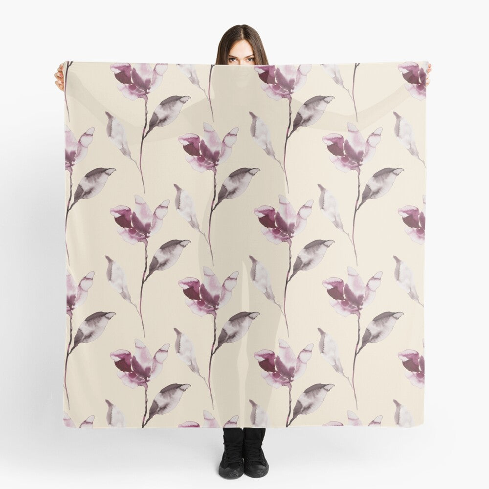 Scarf featuring original hand-painted watercolor painting by artist Elizabeth Becker. Soft burgundy, gray and cream colors. Botanical flowers and leaves.