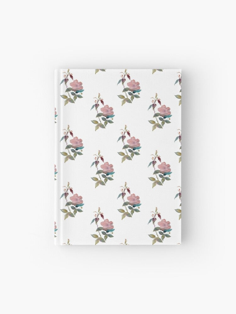 Hardcover journal featuring original hand-painted watercolor painting by artist Elizabeth Becker. Ruled line, graph or blank pages. Soft pink, peach, olive green and white colors. Botanical rose flowers and leaves. Vintage floral pattern design.