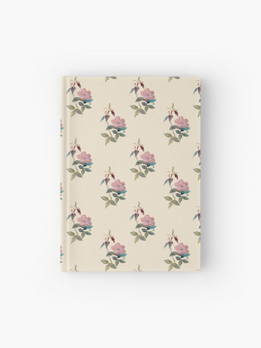 Hardcover journal featuring original hand-painted watercolor painting by artist Elizabeth Becker. Ruled line, graph or blank pages. Soft pink, peach and olive green on cream background. Botanical rose flowers and leaves. Vintage floral pattern design.