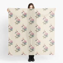 Load image into Gallery viewer, Scarf featuring original hand-painted watercolor painting by artist Elizabeth Becker. Pink, green and cream floral design. Vintage botanical rose flowers.
