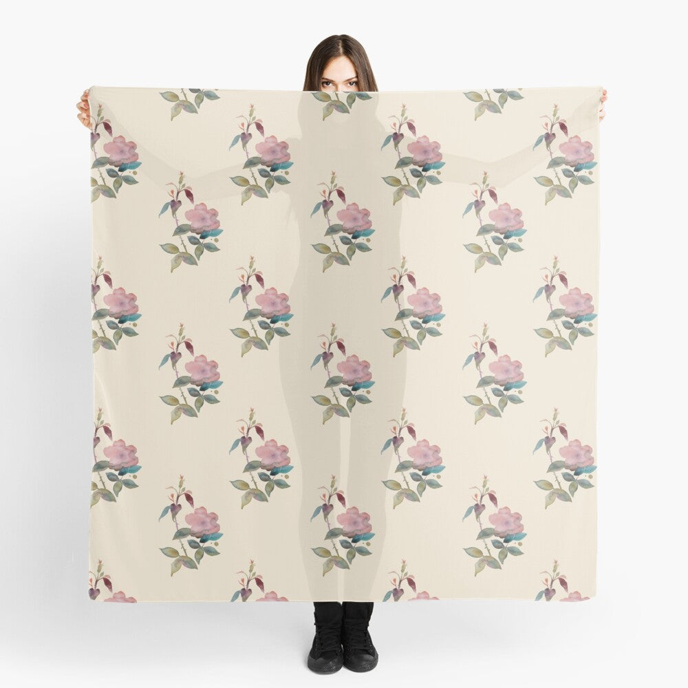 Scarf featuring original hand-painted watercolor painting by artist Elizabeth Becker. Pink, green and cream floral design. Vintage botanical rose flowers.