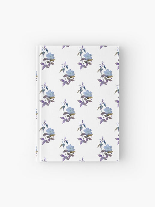 Hardcover journal featuring original hand-painted watercolor painting by artist Elizabeth Becker. Ruled line, graph or blank pages. Light blue, soft purple and white colors. Botanical rose flowers and leaves. Vintage floral pattern design.