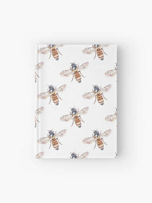 Hardcover journal featuring original hand-painted watercolor painting by artist Elizabeth Becker. Ruled line, graph or blank pages. Gold, yellow, gray and white colors. Vintage honey bee pattern. Insects design. 