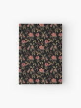 Load image into Gallery viewer, Hardcover journal featuring original hand-painted watercolor painting by artist Elizabeth Becker. Ruled line, graph or blank pages. Peach and olive green on black background. Floral wild rose flowers, branches and leaves.
