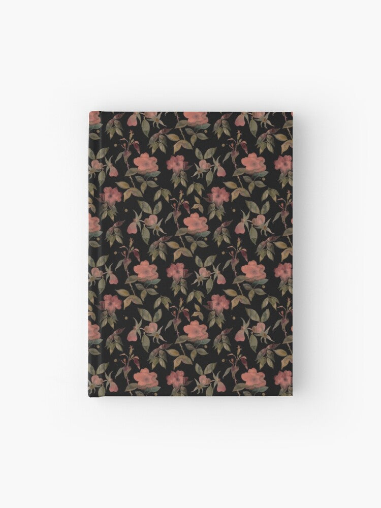 Hardcover journal featuring original hand-painted watercolor painting by artist Elizabeth Becker. Ruled line, graph or blank pages. Peach and olive green on black background. Floral wild rose flowers, branches and leaves.