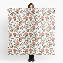 Load image into Gallery viewer, Scarf featuring original hand-painted watercolor painting by artist Elizabeth Becker. Peach, olive green and white floral design. Botanical flowers and leaves.
