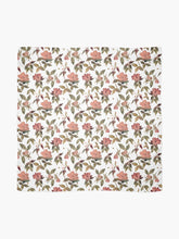 Load image into Gallery viewer, Scarf featuring original hand-painted watercolor painting by artist Elizabeth Becker. Peach, olive green and white floral design. Botanical flowers and leaves.
