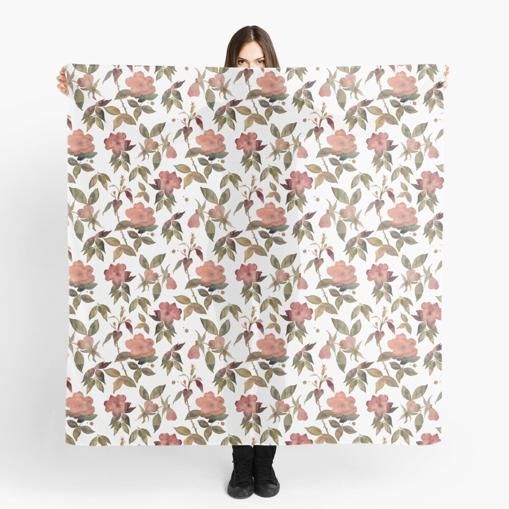 Scarf featuring original hand-painted watercolor painting by artist Elizabeth Becker. Peach, olive green and white floral design. Botanical flowers and leaves.