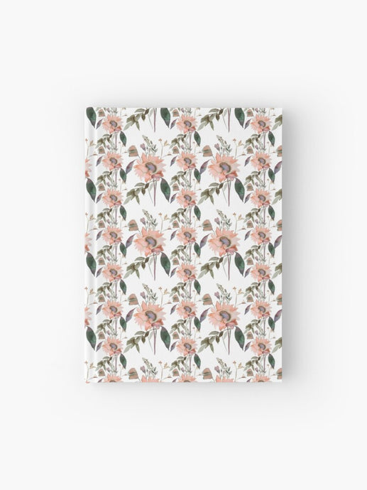 Hardcover journal featuring original hand-painted watercolor painting by artist Elizabeth Becker. Ruled line, graph or blank pages. Soft peach, green and white colors. Botanical floral pattern. Flowers and leaves design.