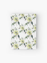 Load image into Gallery viewer, Hardcover journal featuring original hand-painted watercolor painting by artist Elizabeth Becker. Ruled line, graph or blank pages. Pale yellow, green and white colors. Botanical floral pattern. Flowers and leaves design.
