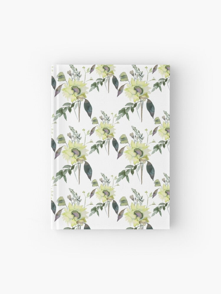 Hardcover journal featuring original hand-painted watercolor painting by artist Elizabeth Becker. Ruled line, graph or blank pages. Pale yellow, green and white colors. Botanical floral pattern. Flowers and leaves design.