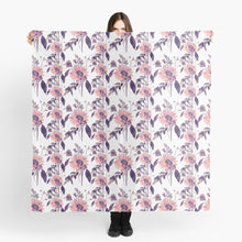 Load image into Gallery viewer, Scarf featuring original hand-painted watercolor painting by artist Elizabeth Becker. Copper pink, peach, black and white floral design. Botanical flowers and leaves.
