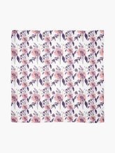 Load image into Gallery viewer, Scarf featuring original hand-painted watercolor painting by artist Elizabeth Becker. Copper pink, peach, black and white floral design. Botanical flowers and leaves.
